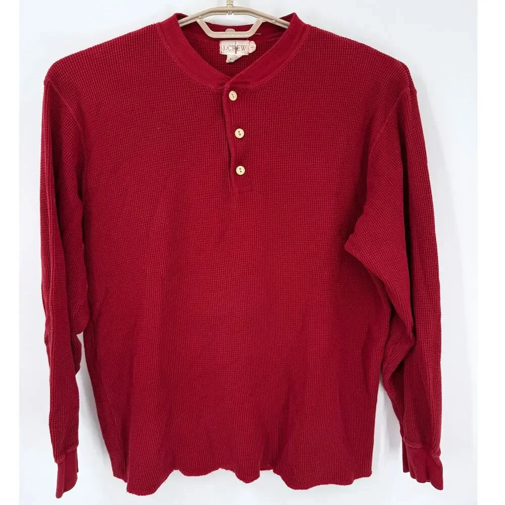 VIntage J Crew Crewsman Thermal Waffle Knit Henley Shirt L/S Shirt Red Large 90s